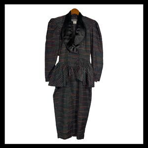 Vintage Karen Alexander Peplum Dress 80s Rainbow Stripe Long Sleeve Maxi Size 8